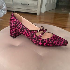 J.Crew double Mary Jane block heel pump petite haircafe, hot pink spotted peony